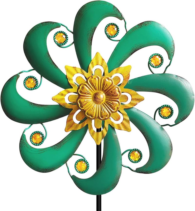 Senflame Flower Outdoor Metal Wind Spinner, Single-Layer Kinetic Garden Art with Vibrant Green Finish - Weatherproof Wind Sculpture for Lawn, Patio, Yard Decor - 10''W x 36''H - Image 1